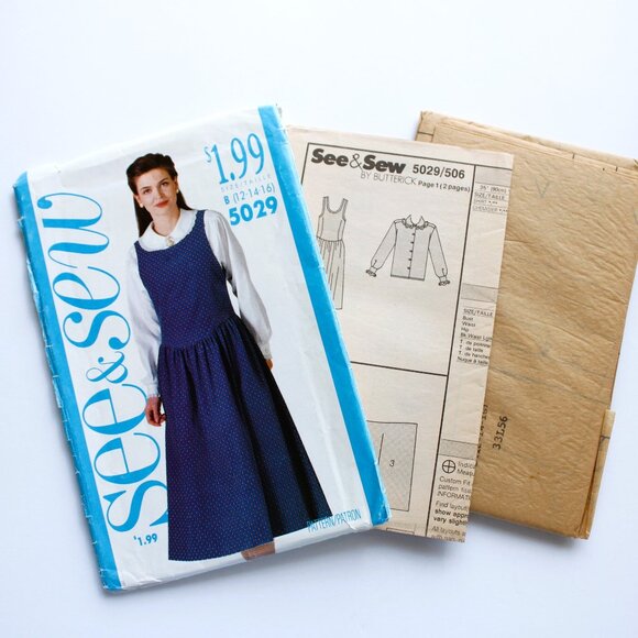 VTG 90s Jumper Dress & Peter Pan Blouse Sz 12-14-16 Butterick Cottagecore Granny - Picture 4 of 4